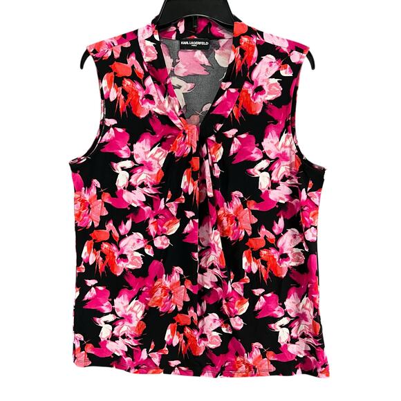 Karl Lagerfeld Top Women L Pink Black Floral Sleeveless Blouse Career Stretch - Picture 1 of 11